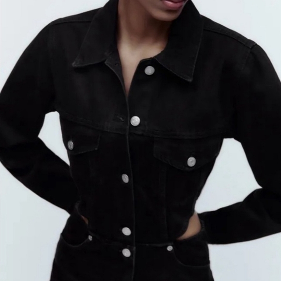 Zara size S Black cutout denim jumpsuit long sleeve - Picture 3 of 9